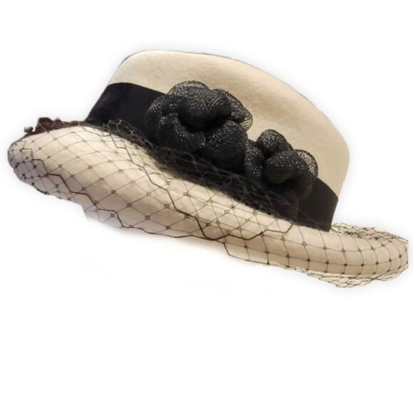 Vincent Wu Vintage Ivory Wool Derby Hat with Black Floral & Mesh Trim - Picture 1 of 10